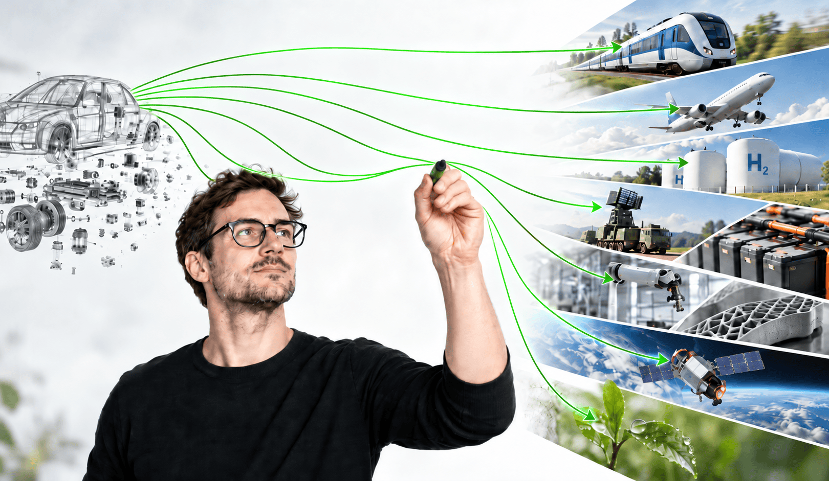 Verschiedene Transportmittel und nachhaltige Mobilitätstechnologien.